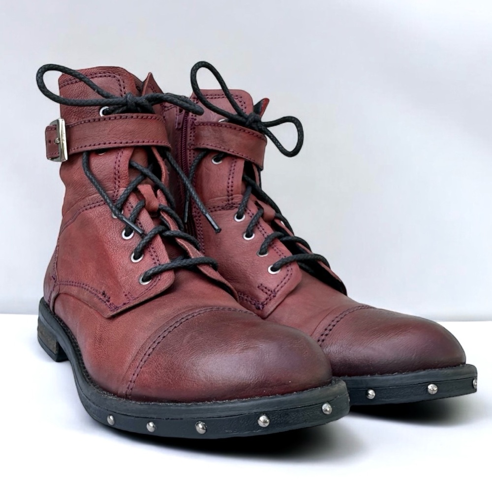Musse & Cloud 9.5 Santana Combat Boots Red Buckle Strap Genuine Leather Studded